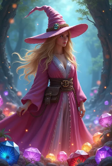 Witch with blond hair in a pink robe ,  and waist a brown leather belt bag looking out of the gemstones and a witch hat on her head