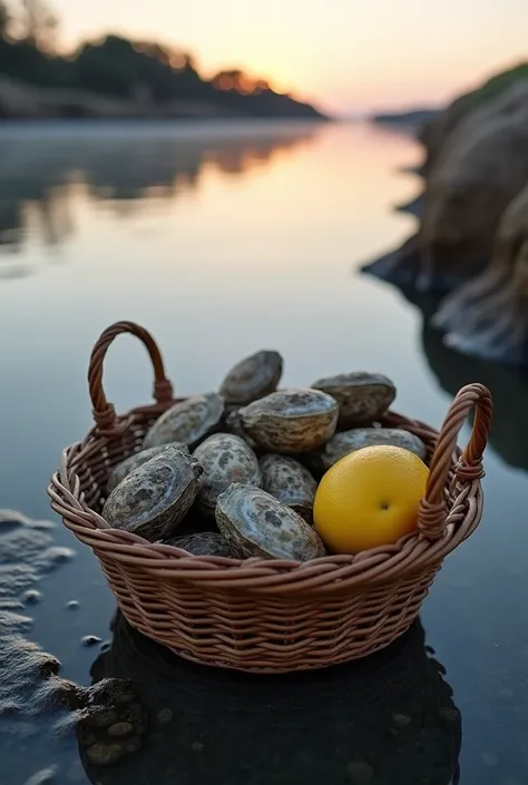 Closed oysters in a basket 
With lemon on the pools of Cancale at dusk 