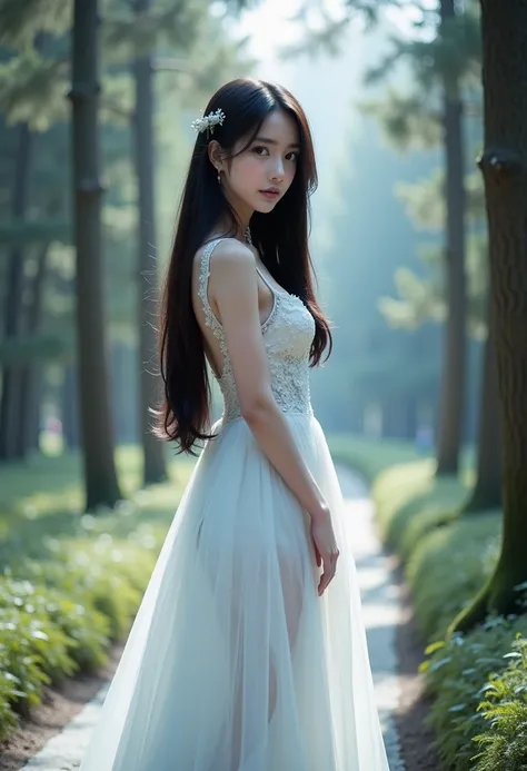 hyper-realistic, wide view, enchanting image of a beautiful young woman with long, flowing black hair, wearing an elegant, white snow dress. She stand gracefully in a mystical forest, surrounded by a snow, serene atmosphere. Trees around. The forest is fil...