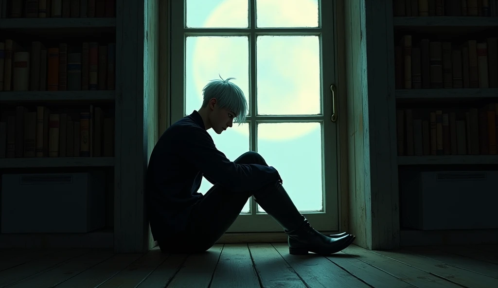 Give an image that looks like a painting , a night window ,  you can see the moon in the background ,  giving light to the silhouette of a slender young man sitting IN FRONT,   I need it to face the window frame ,   the man feels his hair white and goes bl...