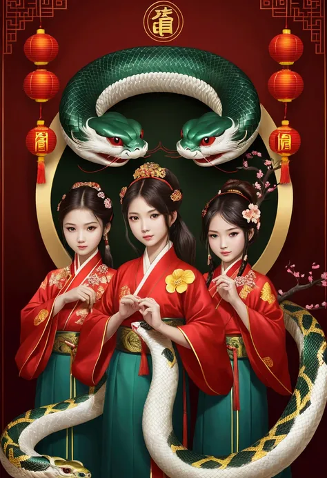 Traditional New Year of the Snake, 3 beautiful pupil girls 