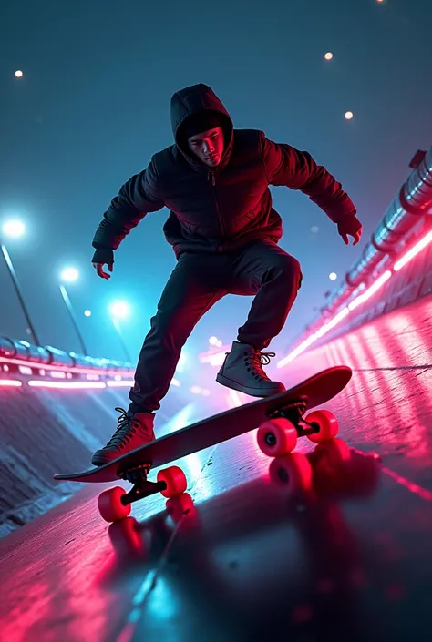 Black and red skateboard ,  realistic photo , Red wheels ,  on a very high slope, night, neon lights 