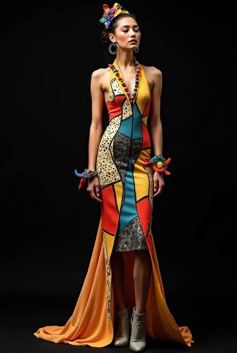 model in a gorgeous creative outfit with matching cubist accessories inspired by the artistic style of Picasso paintings with a black background. Imagine a dress designed by Picasso if he were a fashion designer. 