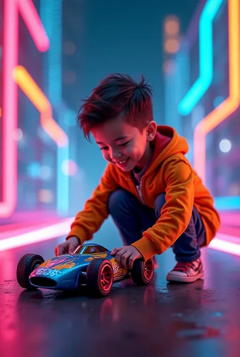 Create a large image of a boy with the name of Francisco with a hot wheel car and a background with neon colors.