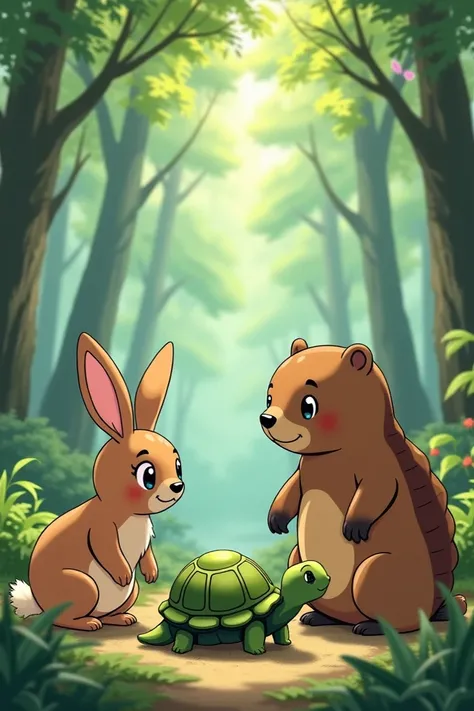 A little brown rabbit and a brown beaver ,  meet a green turtle in the woods, do it in anime style