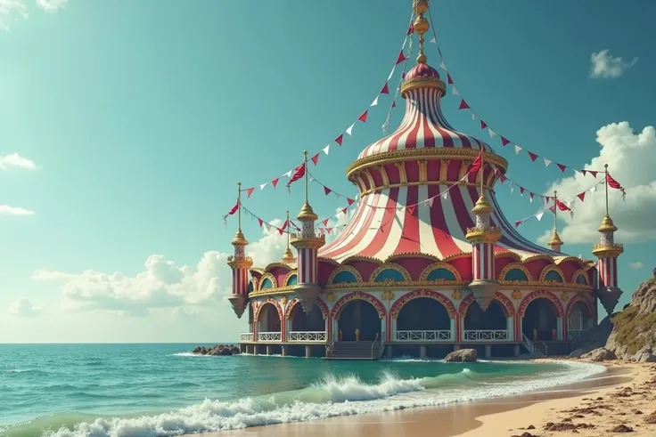  the setting is a beach ,  in the middle of the sea there is a giant and very flashy classic circus, And without people in the image . ( realistic image )