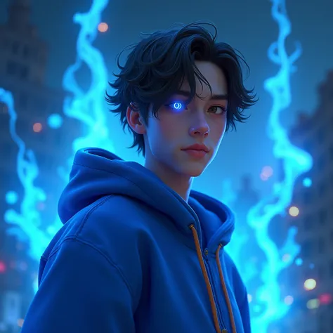 Digital art, a 20-year-old male avatar designed as a gaming profile picture, avatar anime 2.5d, semi-profile view, looking at the camera with a slight smile. He wears a vibrant electric blue hoodie with the hood up, has medium-length dark brown hair, fair ...