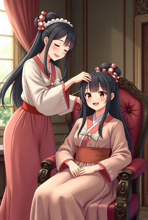 Two girls help the maid and maid woman comb her hair The noble woman smiles happily, the maid cousin maid does everything with love and devotion, the maid takes care of the male master with great pleasure,