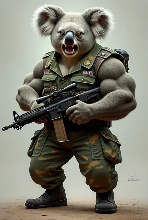 A muscled koala in a military suit with a gun and with an intimidating face