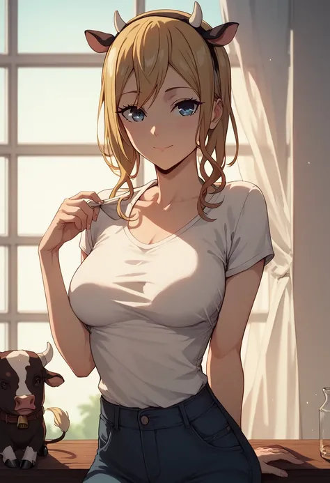 Hayasaka Ai, cow short top, shirt, sexy female body, medium firm breasts, 