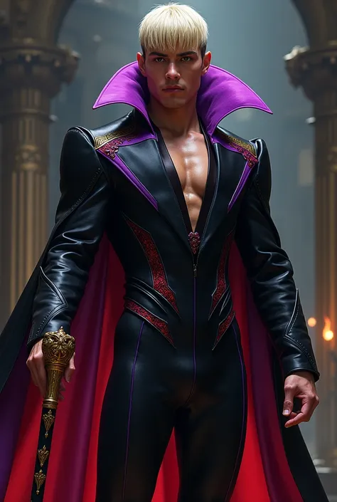 A Villainous Man, With short straight blond hair with bangs. He wears a black jumpsuit ,  purple red and gold.  He has a cane in his hand. He has firepower , air and wind.