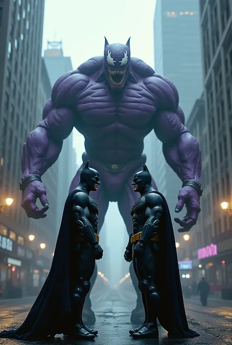 hyper-realistic, cinematic 8k masterpiece with a full- body profile of a batman and a purple venom standing each other with some space in the City 