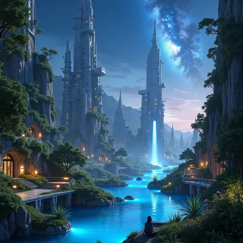 A futuristic metropolis where technology and nature blend in perfect harmony, with sleek, lush, verdant gardens, theres a big fontain with blue magical water pouring from it, as if the essence of the earth has been distilled into a vibrant, thriving eco-fr...