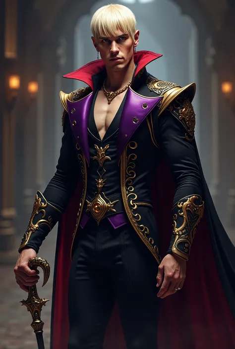 A Villainous Man, With short straight blond hair with bangs. He wears a black jumpsuit ,  purple red and gold.  He has a cane in his hand. He has firepower , air and wind.