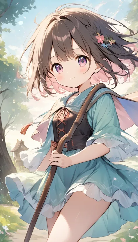    bright lines and soft colors create a dreamy effect., A fleeting impression.., one woman、 Old Tree House     、Girl with an old wooden cane    、 holding an old wooden cane 、cute、   Fantasy  、   Fantasy   皮の鎧、Villager、  sexy、((poor))、 Cute clothes 、With e...