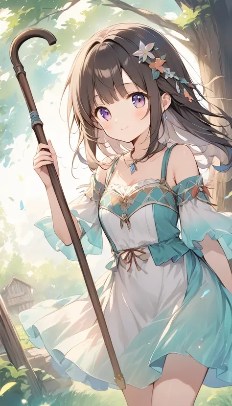    bright lines and soft colors create a dreamy effect., A fleeting impression.., one woman、 Old Tree House     、Girl with an old wooden cane    、 holding an old wooden cane 、cute、   Fantasy  、   Fantasy   皮の鎧、Villager、  sexy、((poor))、 Cute clothes 、With e...