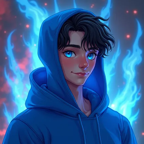 Digital art, a 20-year-old male avatar designed as a gaming profile picture, avatar digital draw 2.5d, semi-profile view, looking at the camera with a slight smile. He wears a vibrant electric blue hoodie with the hood up, has medium-length dark brown hair...