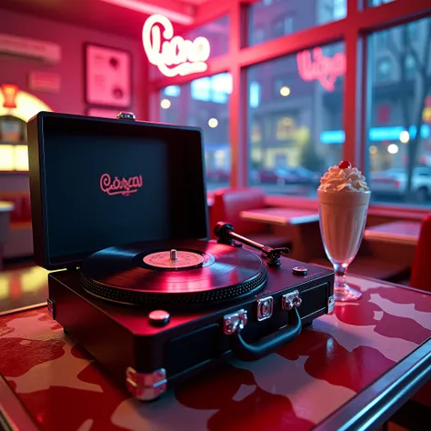 A classic vintage record player displayed in a retro 1950s diner, surrounded by bold neon lights and vibrant decor. The player, crafted with chrome detailing and glossy black lacquer, sits prominently on a red-and-white checkered counter. A spinning vinyl ...