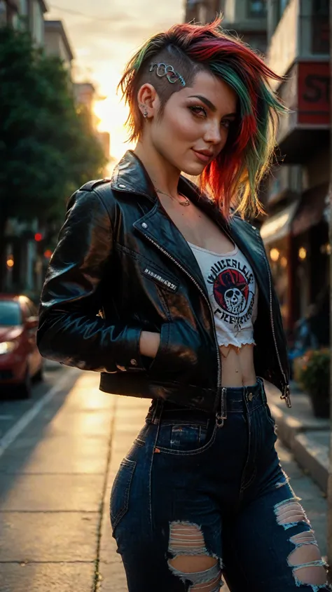 feminine punk girl with blond hair combed to the right and dyed red hair ends, in a leather biker jacket, torn jeans with patche...