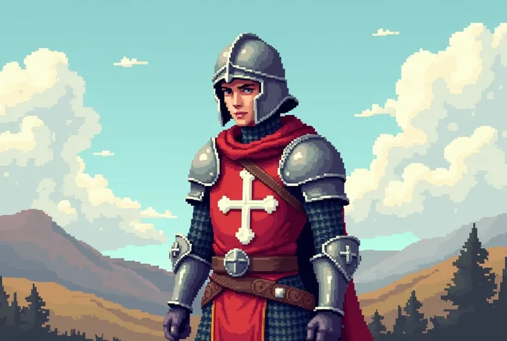 Create a Human Warrior in cartoon style pixel art, templar warrior, youing warrior