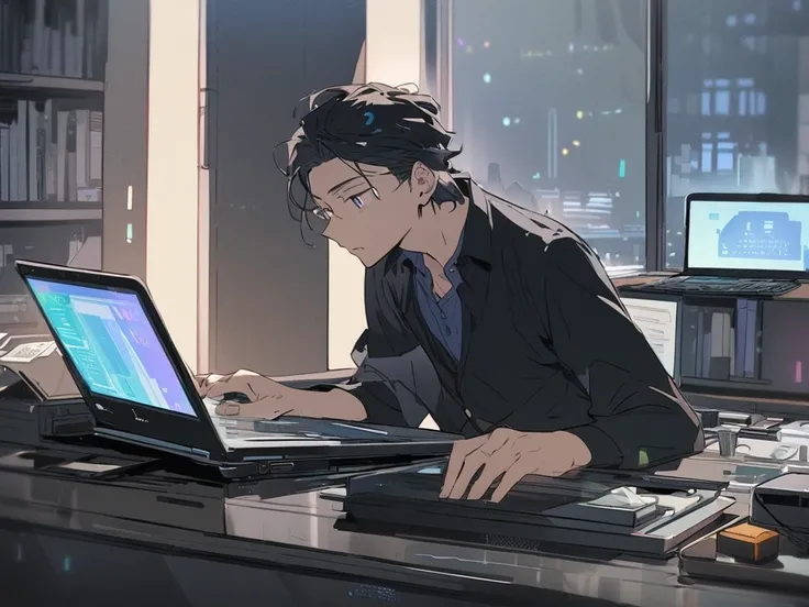 A man, who sits at his desk in front of a laptop and programs something