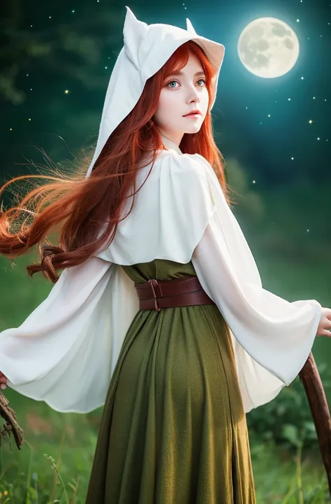 1 girl, Длинные волосы  red hair ,, Pointed ears,  witch hat, masterpiece, Accuracy,  Best quality ,  Blue Green Eyes ,   Black Witch Hat , White long top ,  Dark Green Cloak ,  Brown Gypsy Skirt ,  Moonstone Neck Decoration ,  brown waist bag depicting th...