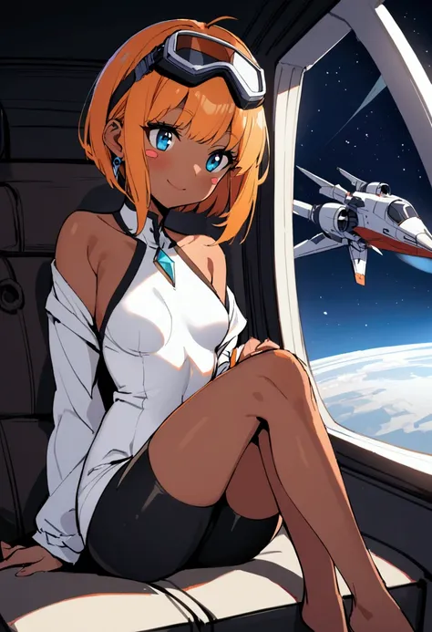 1 girl,  masterpiece, ( Detailed background),  The best quality ,  absurdres, eyelashes, eye shadow,  orange hair,  small breasts ,  sitting cross-legged ,  spaceship,  window showing space and stars, Eduardo, Alone,  short hair , smile, barefoot,  dark sk...