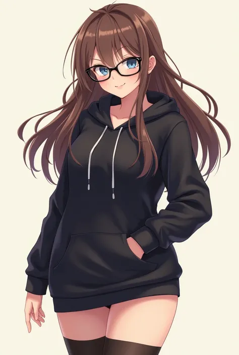 A curvy girl, with brown long hair, blue eyes, wearing thigh high socks and a pair of black glasses. Make her wear a black hoodie and in a more anime style 