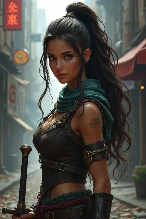 Create a female character from Arcane ,  who lives in Zaun and is a swordsman and daughter of Ambessa Medarda .  The character has long wavy dark brown hair tied in a high ponytail,  brown-skinned and greenish-brown eyes . 