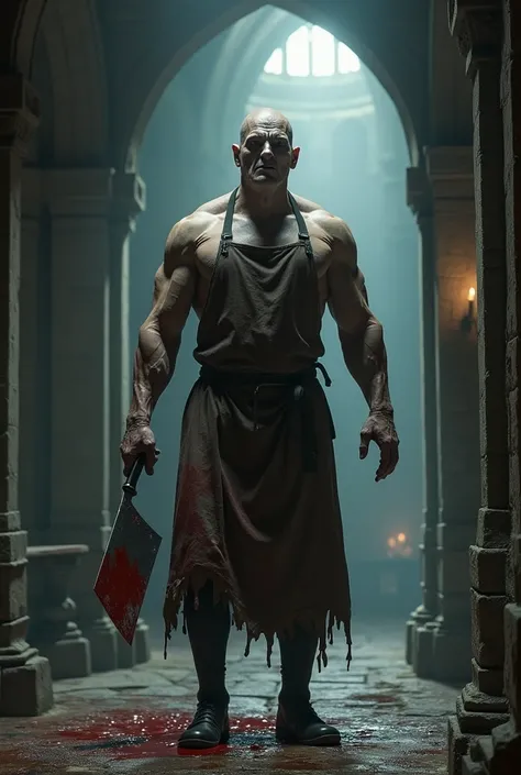 A horrifying butcher in a dark Frankenstein-inspired RPG world, detailed muscular body, blood-stained apron, meat cleaver, sinister expression, gothic castle interior, moody dramatic lighting, deep shadows, dark color palette, cinematic composition