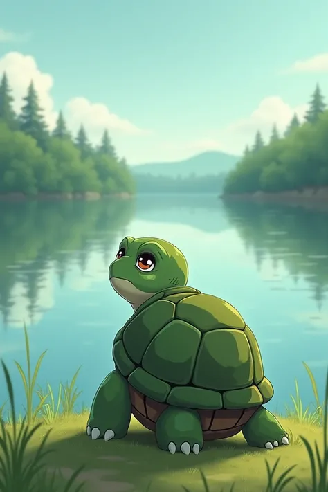 Green turtle looks at the lake sadly, do it in anime style 