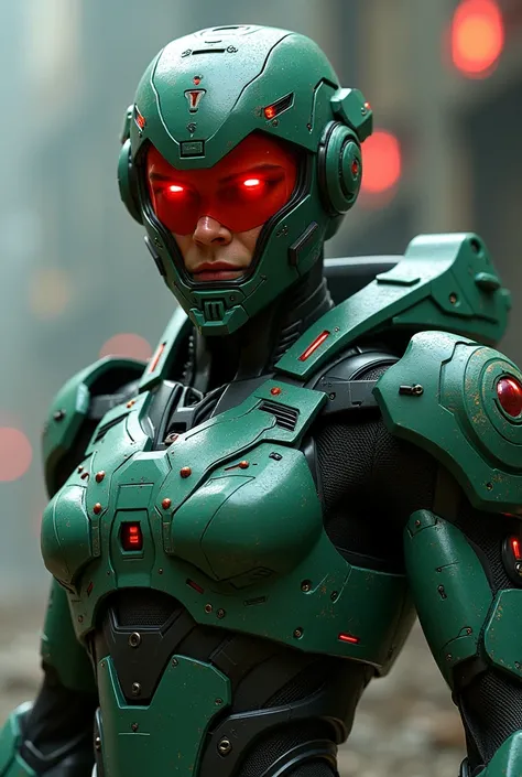 Strong person in green futuristic fighting suit with red case visor and close up to the face