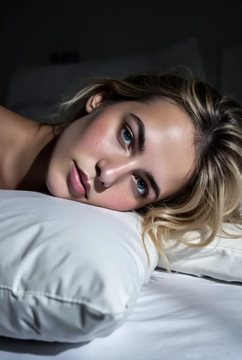 The image is a photograph of a young woman lying on her back in a dimly lit bedroom, with a soft, natural light casting subtle shadows on her face and the surrounding objects. The woman has a fair complexion with a few faint freckles scattered across her c...