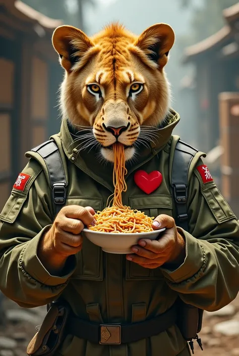 A female lioness wearing military clothes , A red heart on the chest marked that is eating Chinese noodles 