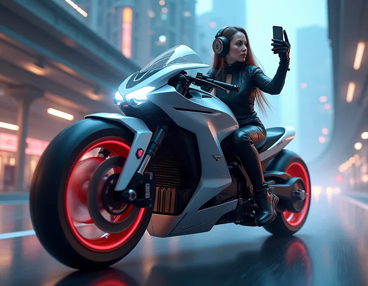  a woman driving a futuristic motorcycle, Shes taking a selfie 