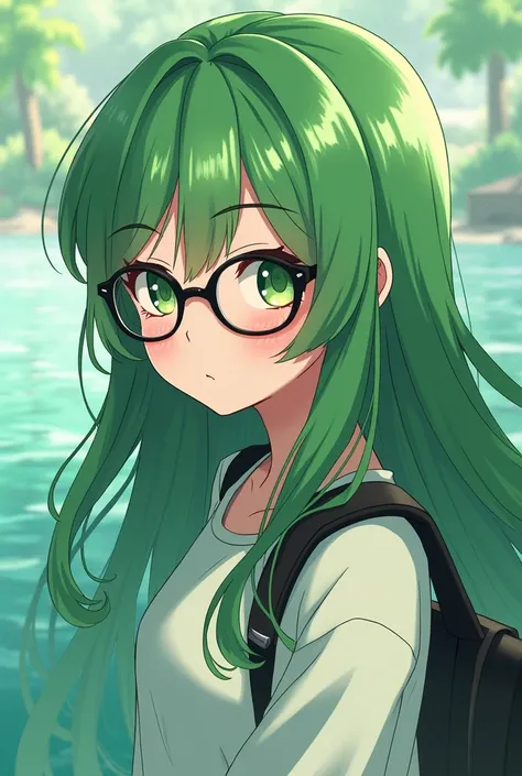  I would like to generate an image with the following characteristics,  an anime girl ,  teenager, with glasses , with long green hair that mixes with the scenery , The scenery I want to have a medium water theme , rivers; mares; etc..  and I wanted the ma...