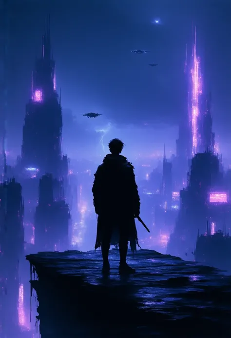 "Generate an image of a silhouetted figure standing atop the highest skyscraper, gazing out over a sprawling cyberpunk cityscape. The city below is alive with vibrant neon lights in hues of electric blue, purple, and magenta, casting an otherworldly glow o...