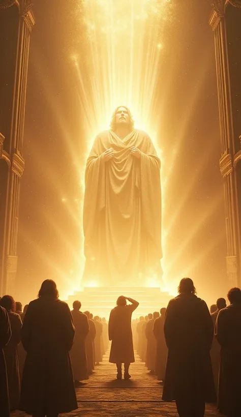 In the background,  a colossal throne dominates the scene ,  your presence radiating such intense light that it seems to emanate from all directions .  This divine luminosity envelops the throne in an almost blinding brightness ,  with golden and white ray...