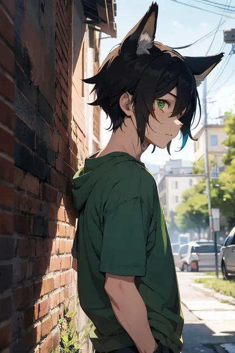  anime style,18-year-old boy with fox ears seen in profile talking and crying at the same time with green eyes