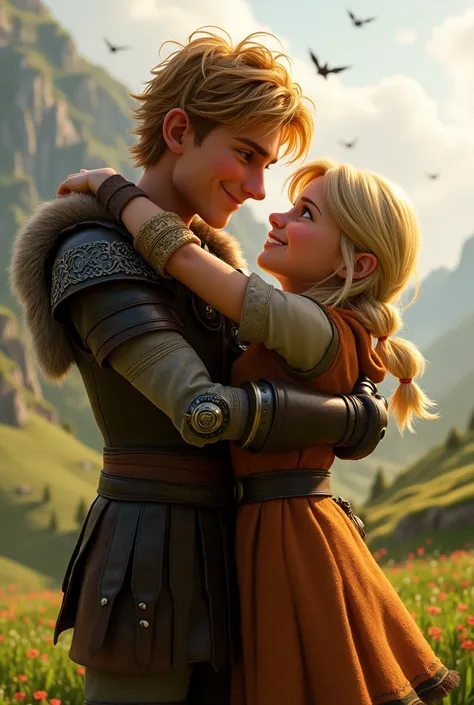 Hiccup Horrendous Haddock III of How to Train Your Dragon handsome movie smiling hugging a blonde girl Astrid prettier and younger 