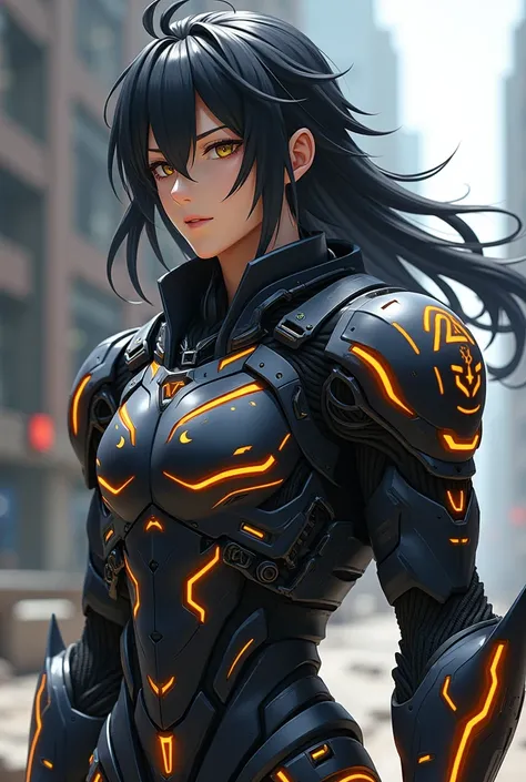 Brunette man with long black hair with orange stripes wearing futuristic anime armor