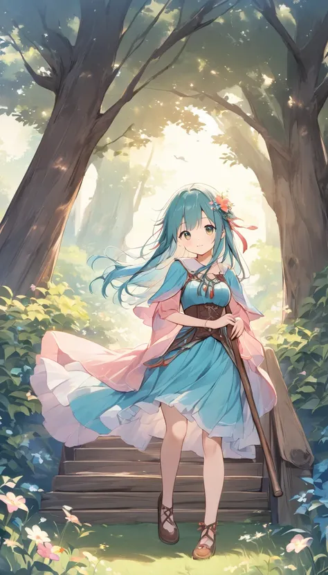    bright lines and soft colors create a dreamy effect., A fleeting impression.., one woman、 Old Tree House     、Girl with an old wooden cane    、 holding an old wooden cane 、cute、   Fantasy  、   Fantasy   皮の鎧、Villager、  sexy、((poor))、 Cute clothes 、With e...