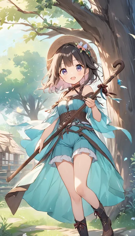    bright lines and soft colors create a dreamy effect., A fleeting impression.., one woman、 Old Tree House     、Girl with an old wooden cane    、 holding an old wooden cane 、cute、   Fantasy  、   Fantasy   皮の鎧、Villager、  sexy、((poor))、 Cute clothes 、With e...