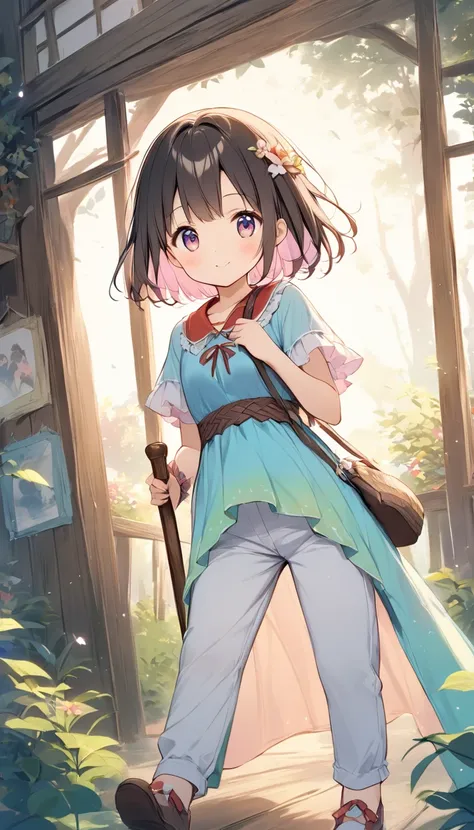    bright lines and soft colors create a dreamy effect., A fleeting impression.., one woman、 Old Tree House     、Girl with an old wooden cane    、 holding an old wooden cane 、cute、   Fantasy  、   Fantasy   皮の鎧、Villager、  sexy、((poor))、 Cute clothes 、With e...