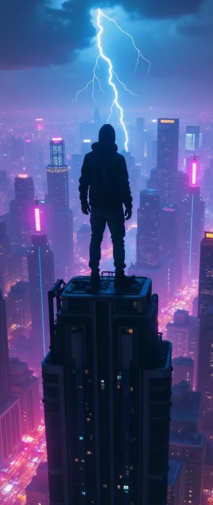 "Generate an image of a silhouetted figure standing atop the highest skyscraper, gazing out over a sprawling cyberpunk cityscape. The city below is alive with vibrant neon lights in hues of electric blue, purple, and magenta, casting an otherworldly glow o...