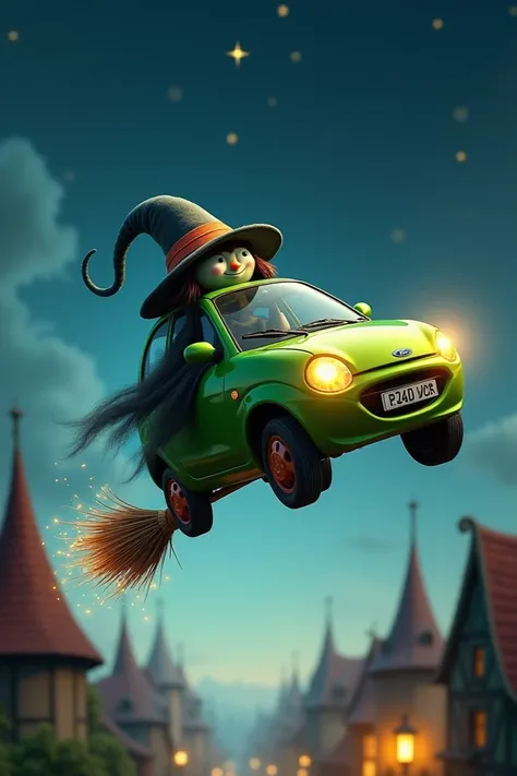 A green Ford KA ,  flying on a broom dressed as a witch