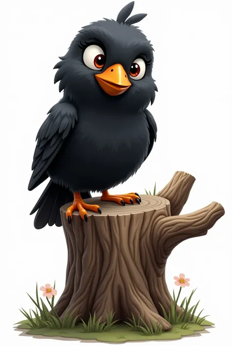  Humorous 3D drawing of a black bird called Urutaú (Nyctibius griseus ).  Serious but happy face ,  with dreamy eyes ,  perched on an old tree trunk .  Its characteristic is to blend in with the trunk .  White background to be used in decorating a party.