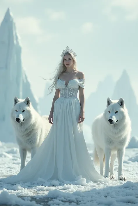 A woman dressed in white stands in a battle icicle, wearing a crown, flanked by two white wolves.