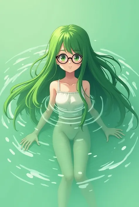  I would like to generate an image with the following characteristics,  an anime girl ,  teenager, with glasses , with long green hair that mixes with the scenery , The scenery I want to have a medium water theme , rivers; mares; etc..  and I wanted the ma...