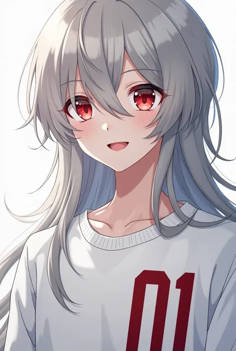 A 20-year-old anime boy ,  long gray hair red eyes and a white sweater with a logo that says 01